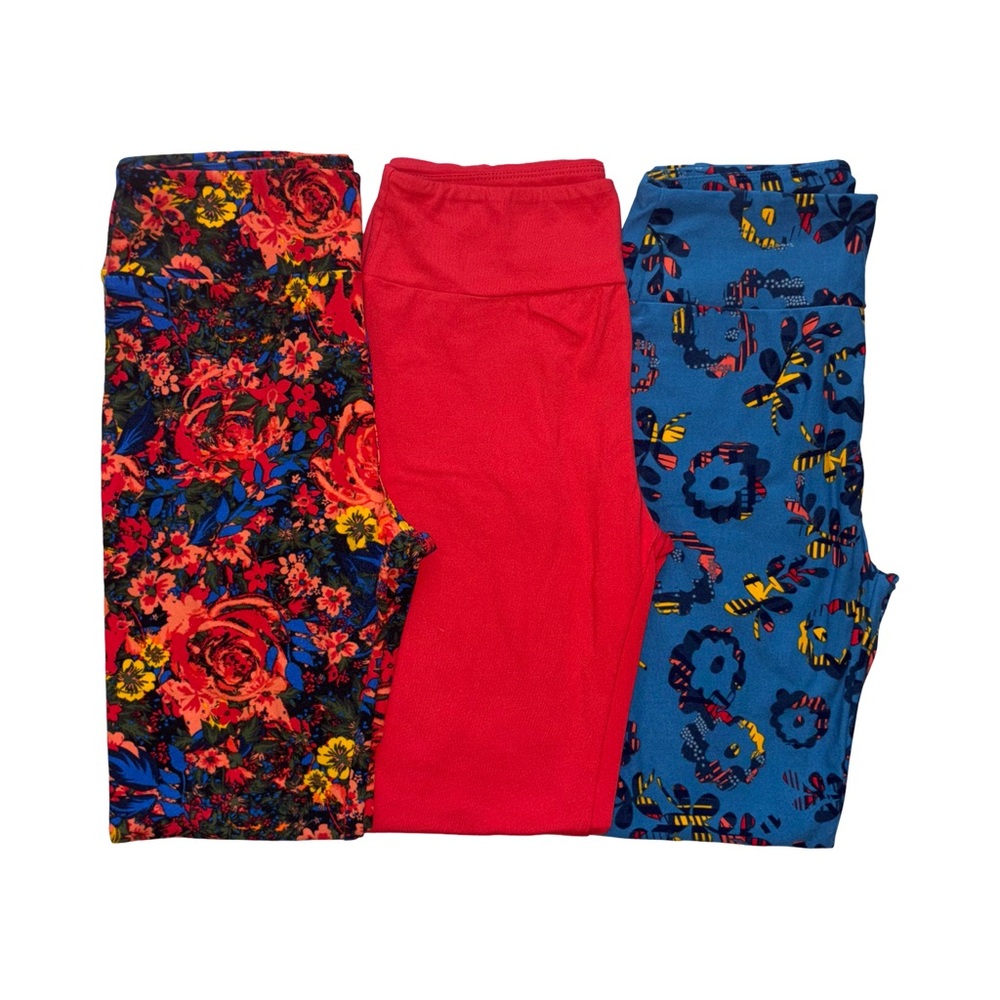 Lot 3 Pairs LuLaRoe OS Leggings Bright Red Solid Blue Orange Yellow Green Floral